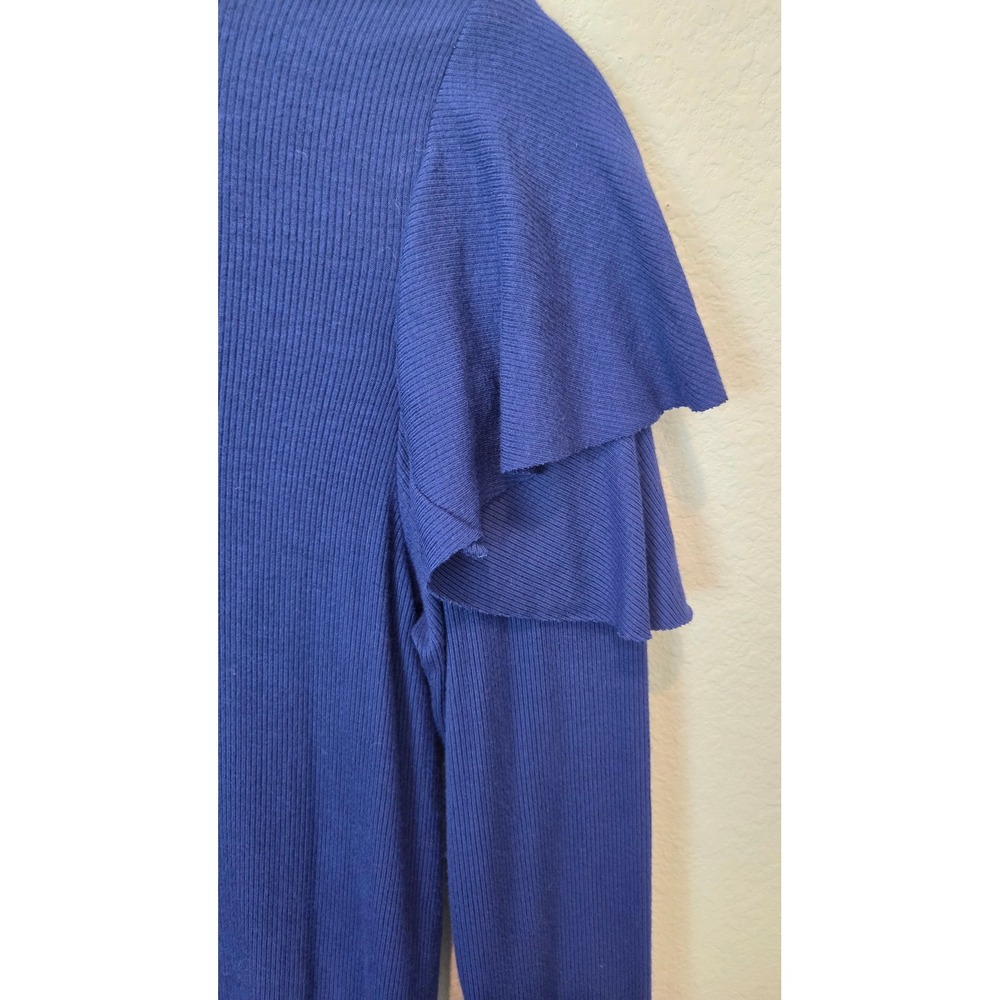 We The Free People Ruffle Long Sleeve V Neck Top Ribbed Knit Blue Medium M - Picture 11 of 12